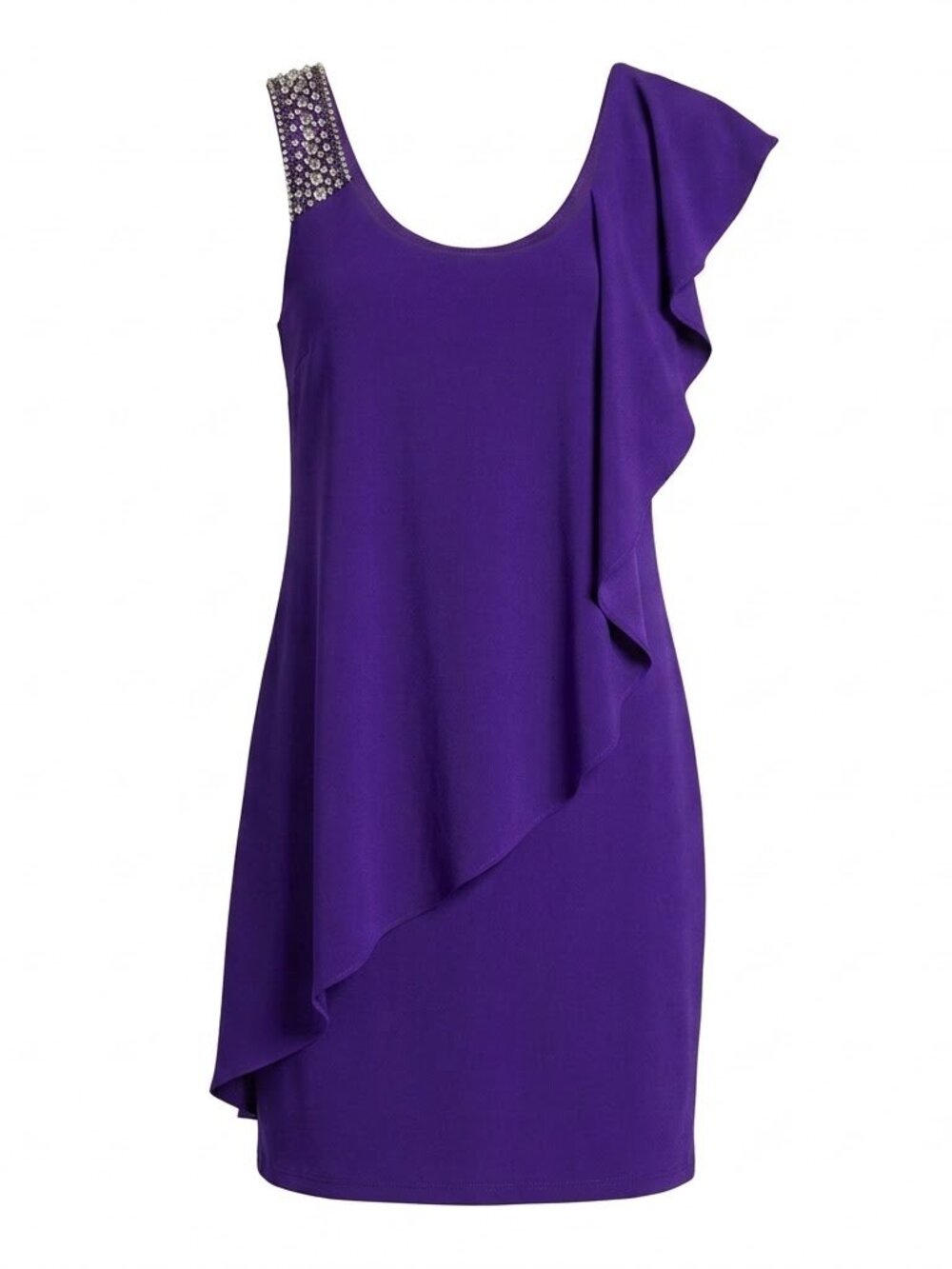 Betsy & Adam Purple Cocktail Dress Rhinestone Shoulder Asymmetric Ruffle Size 12